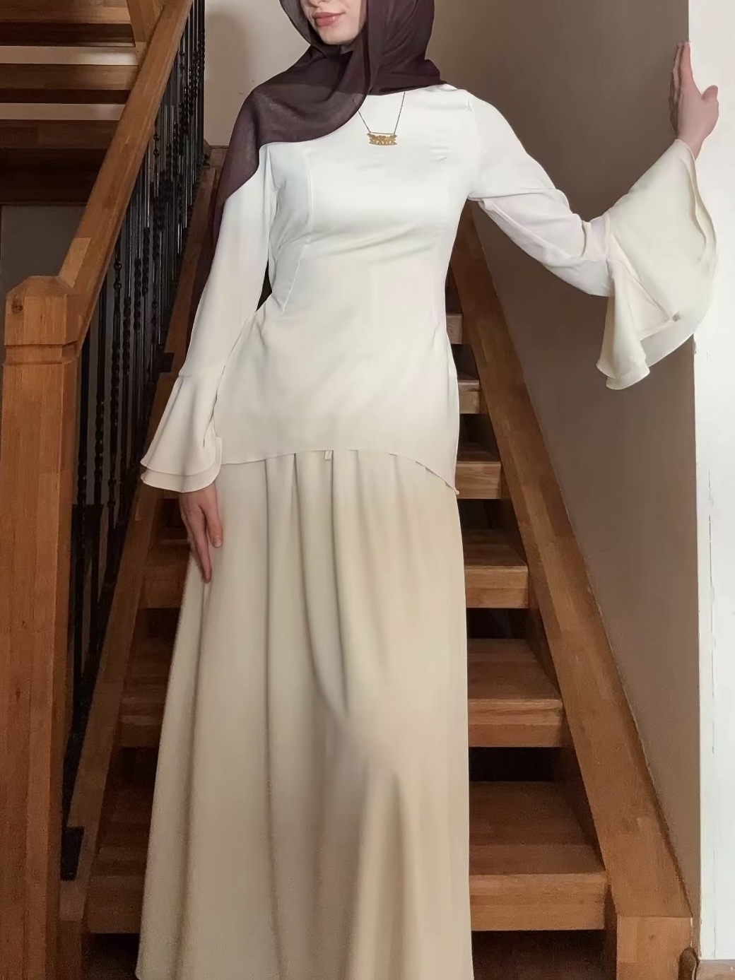 2-Piece Bell-Sleeve Solid-Color Dress Set