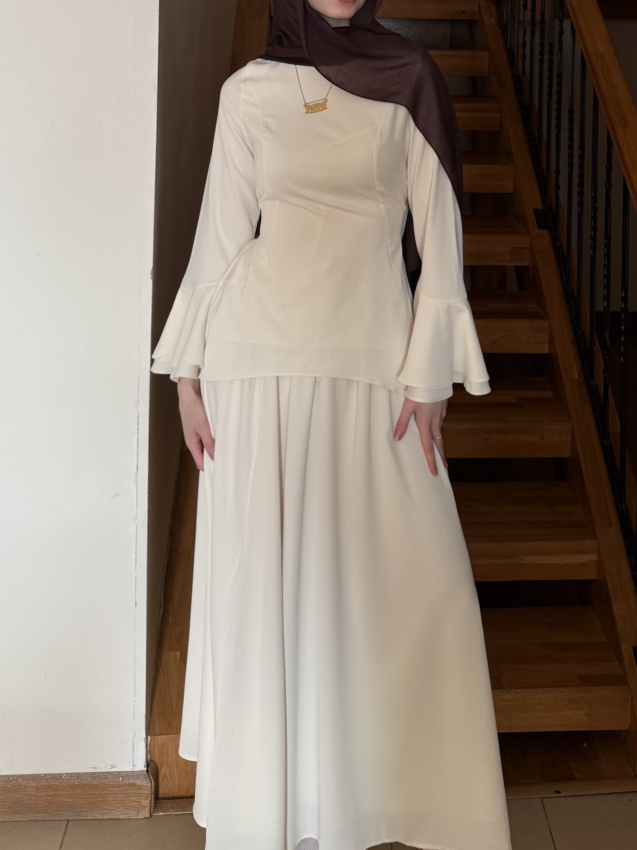 2-Piece Bell-Sleeve Solid-Color Dress Set