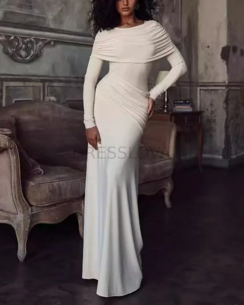 Draped Neckline Long Sleeves Maxi Dress