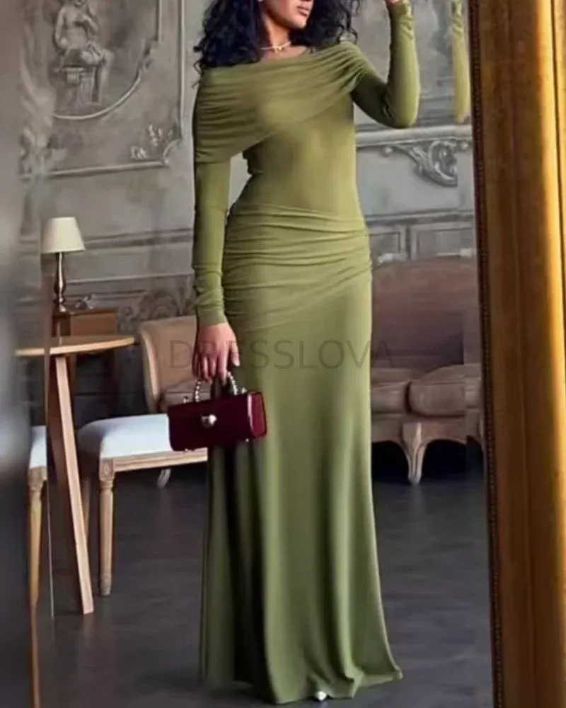 Draped Neckline Long Sleeves Maxi Dress