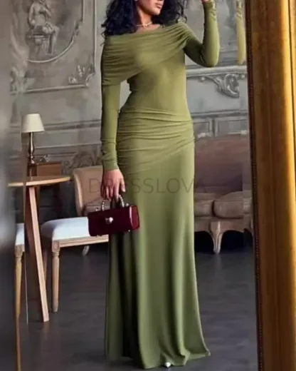 Draped Neckline Long Sleeves Maxi Dress
