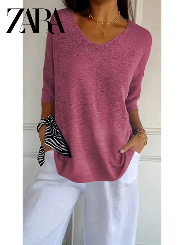 ZARA Solid Color Knitted V-neck Top