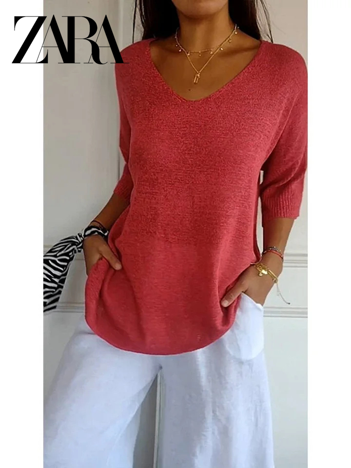 ZARA Solid Color Knitted V-neck Top