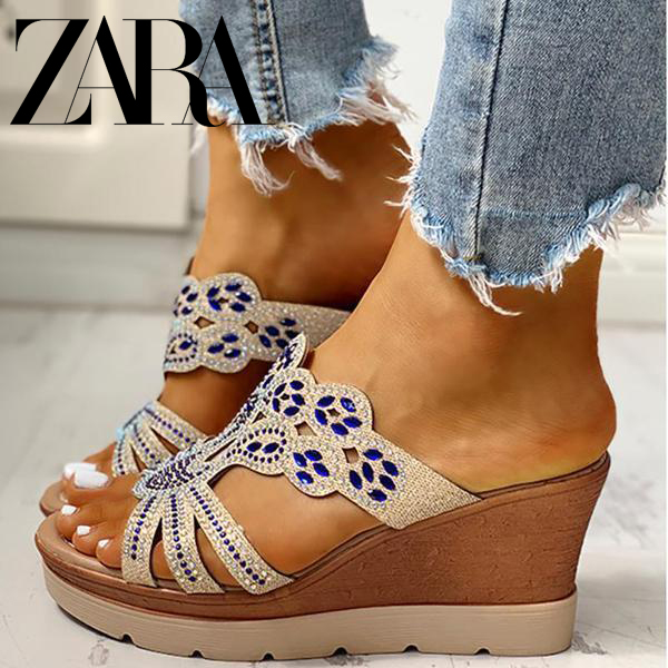 Rhinestone Platform Wedges Backless Slip-on Sandals