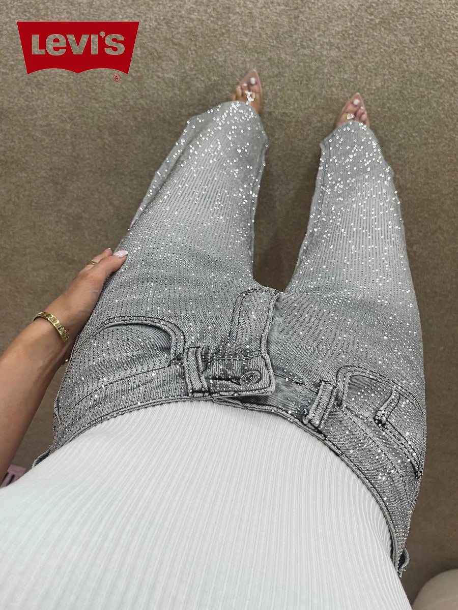 Premium Wide Leg Diamanté Denim Jeans in Storm Grey