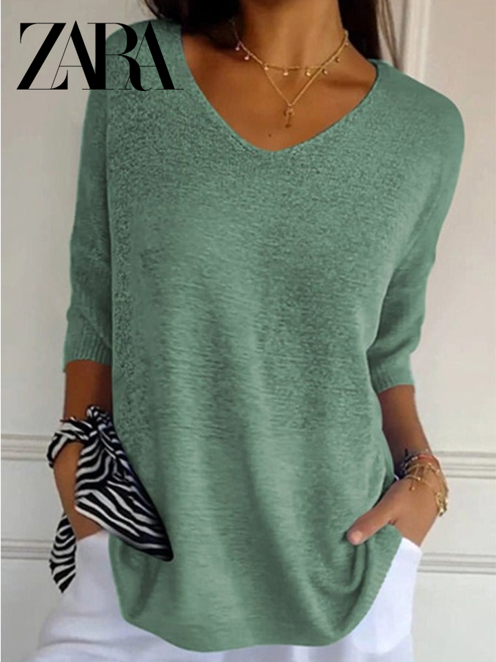 ZARA Solid Color Knitted V-neck Top