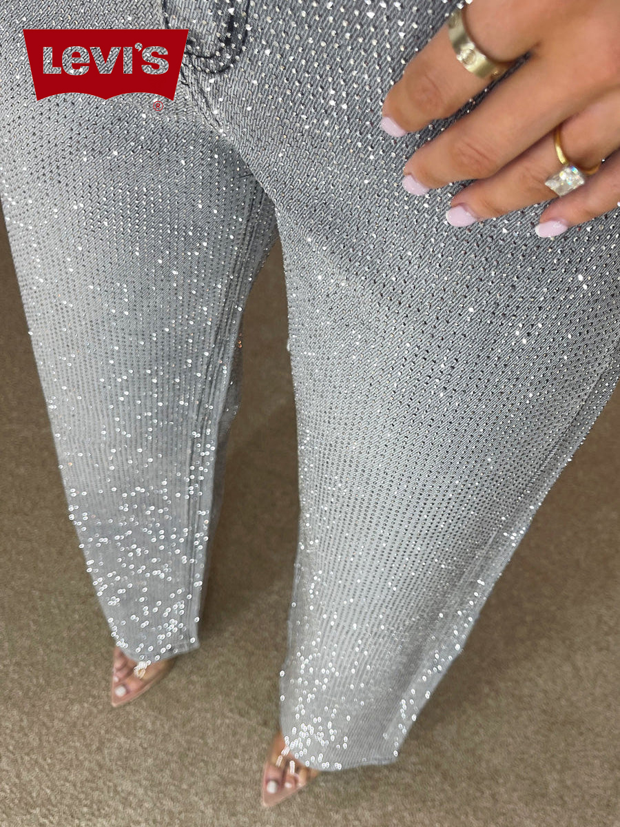 Premium Wide Leg Diamanté Denim Jeans in Storm Grey