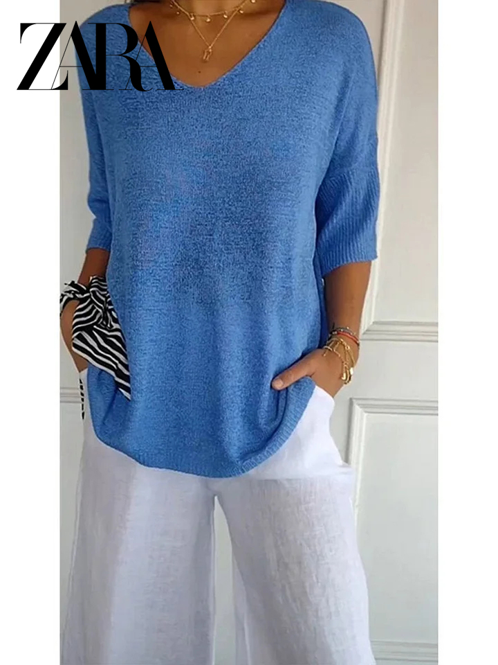 ZARA Solid Color Knitted V-neck Top