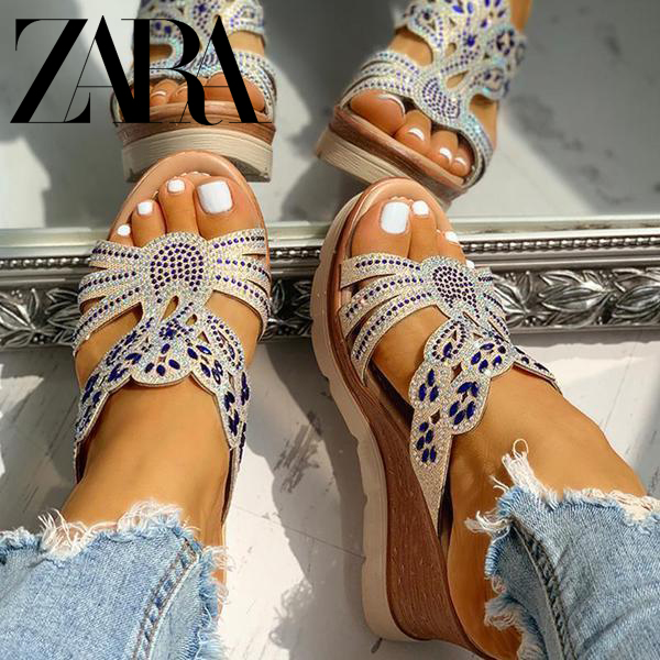 Rhinestone Platform Wedges Backless Slip-on Sandals