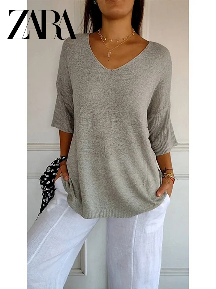 ZARA Solid Color Knitted V-neck Top