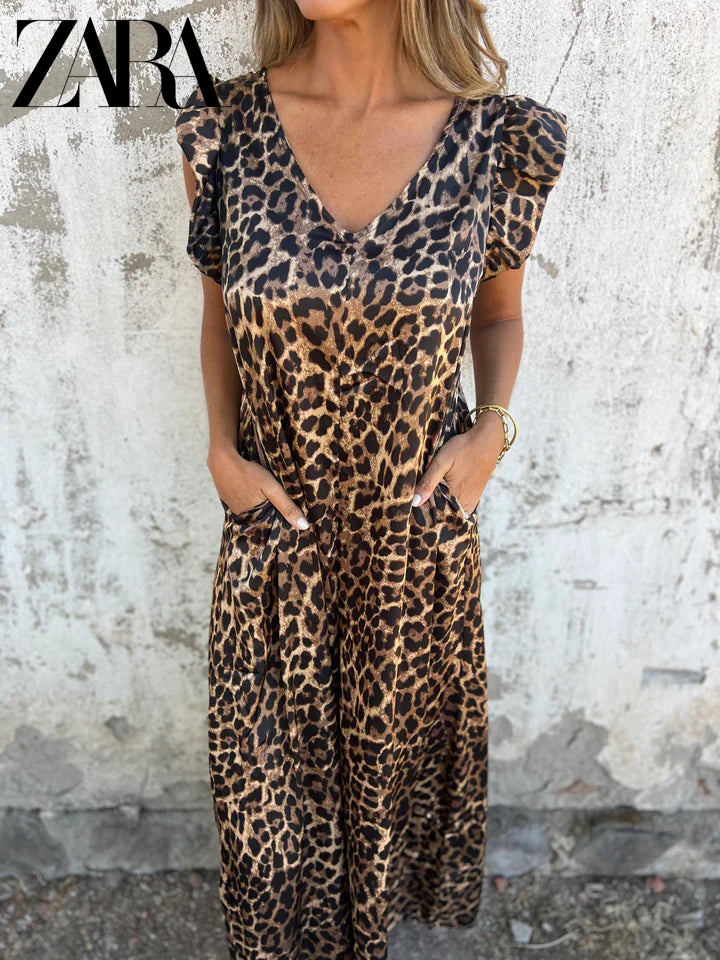 Leopard Print V-Neck Jumpsuit With Front Pockets