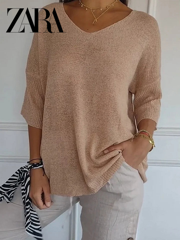 ZARA Solid Color Knitted V-neck Top