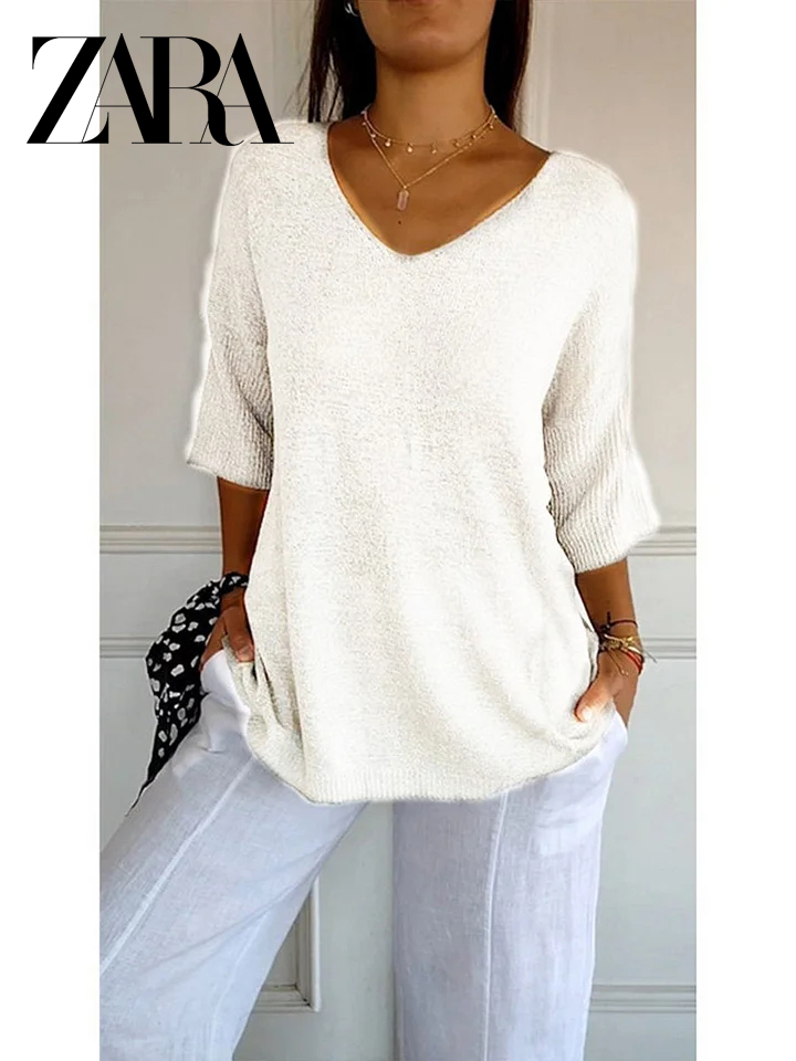 ZARA Solid Color Knitted V-neck Top