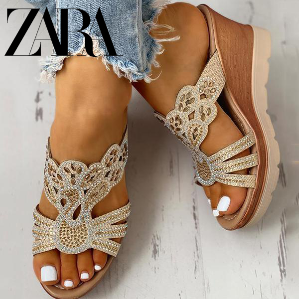 Rhinestone Platform Wedges Backless Slip-on Sandals