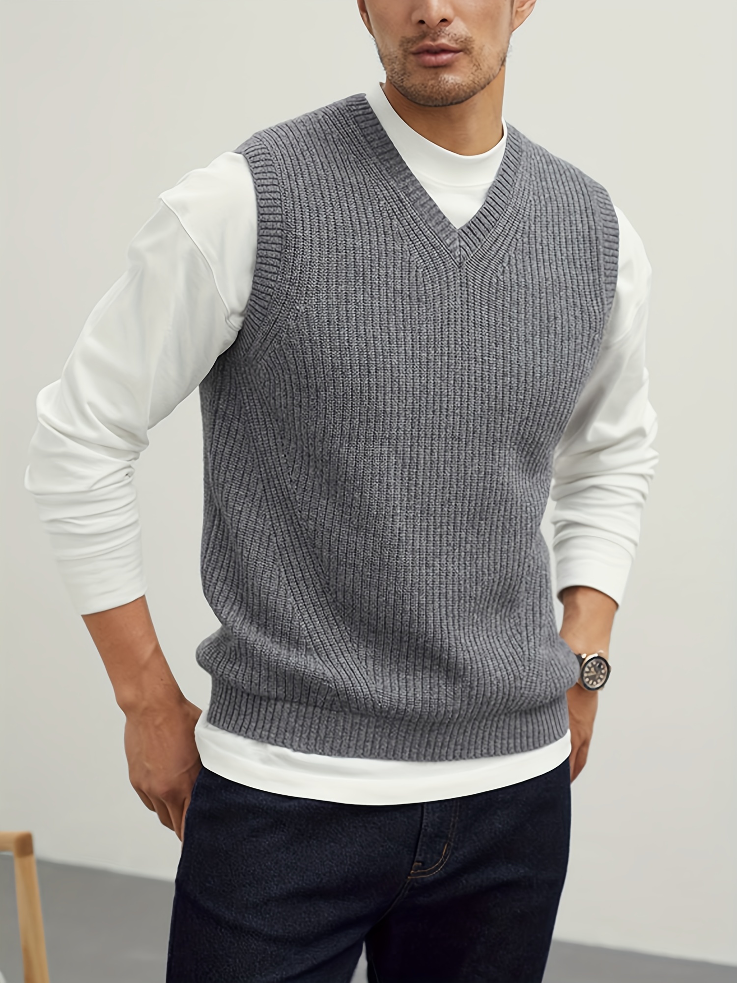 mens v neck sweater vest pullover solid color sleeveless sweaters vest preppy style details 25