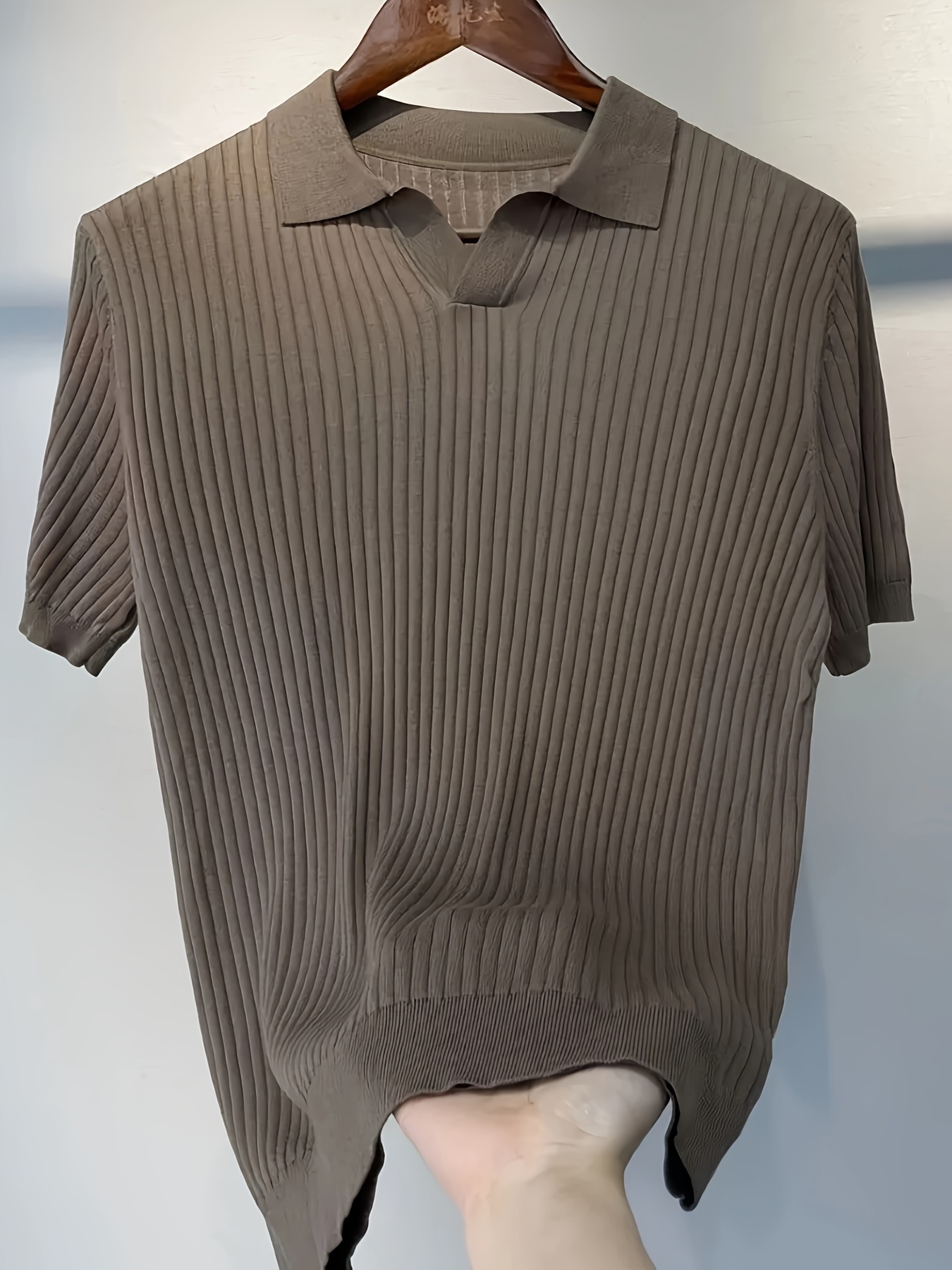 mens stripe pattern sweater casual breathable medium stretch short sleeve knitted top for summer details 0