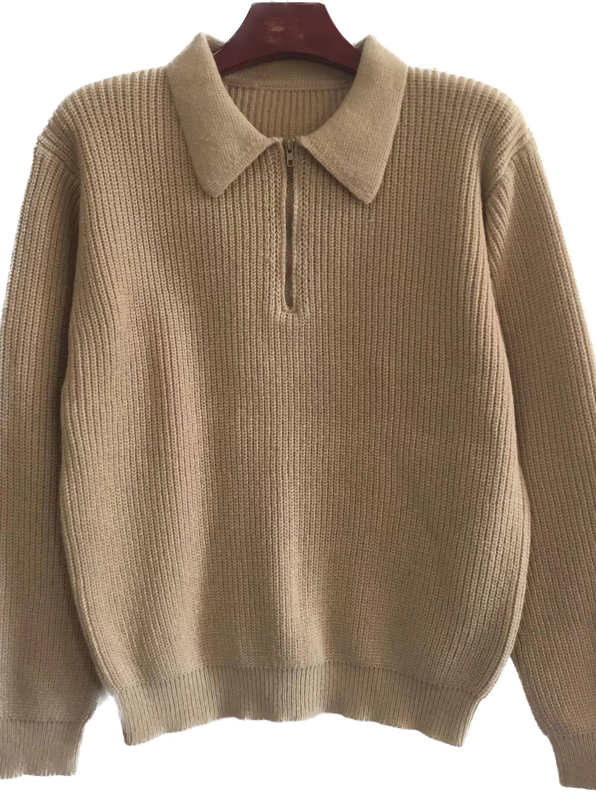 mens stylish solid knitted shirt casual slightly stretch breathable lapel zip up long sleeve shirt top for city walk street hanging details 24