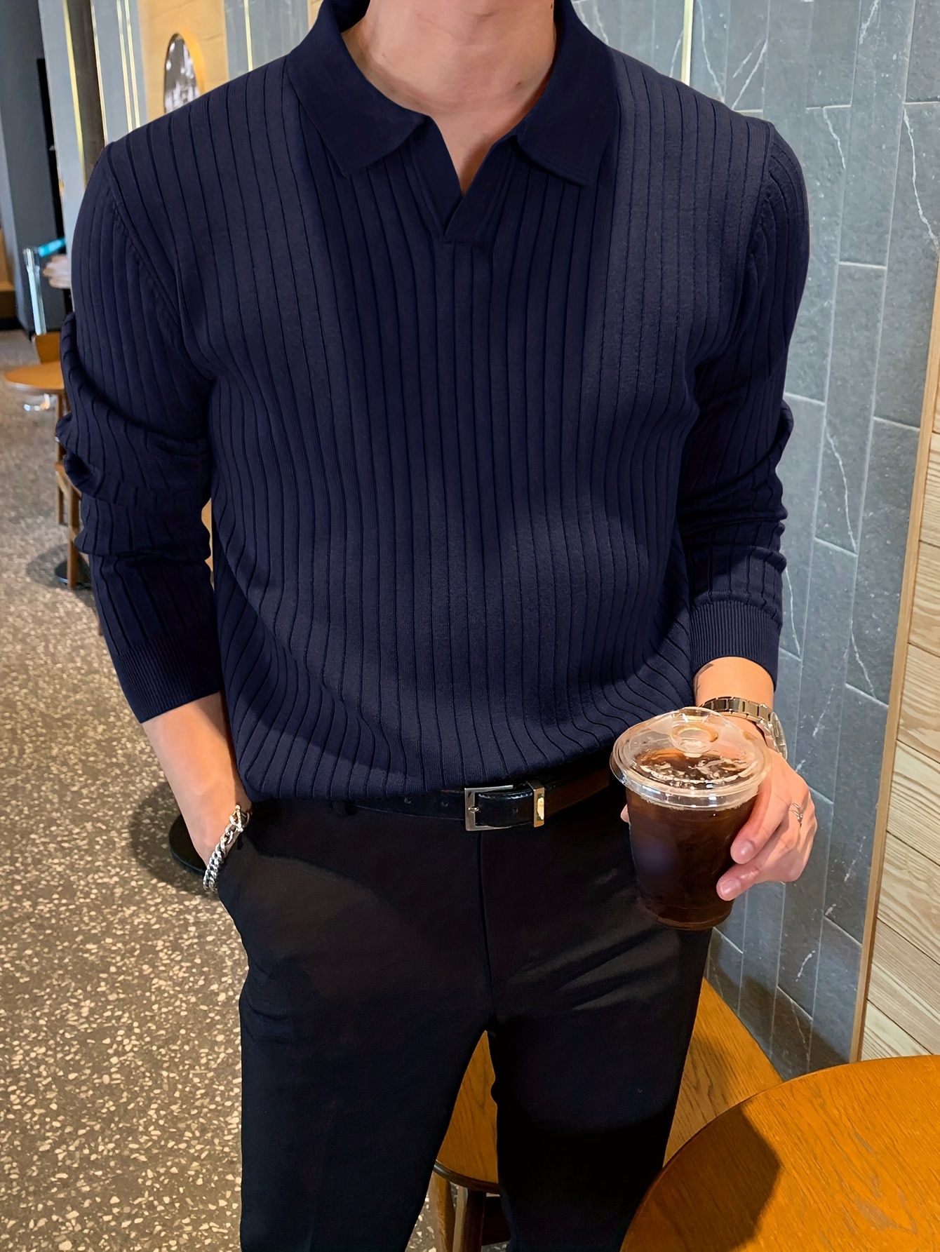 chic knit shirt mens casual stylish lapel middle stretch v neck pullover sweater for winter autumn details 11