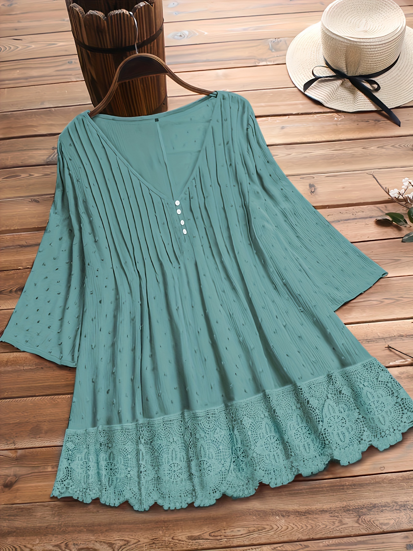 plus size hollow out button decor v neck 3 4 sleeve blouse womens plus ruffle hem casual blouse details 15