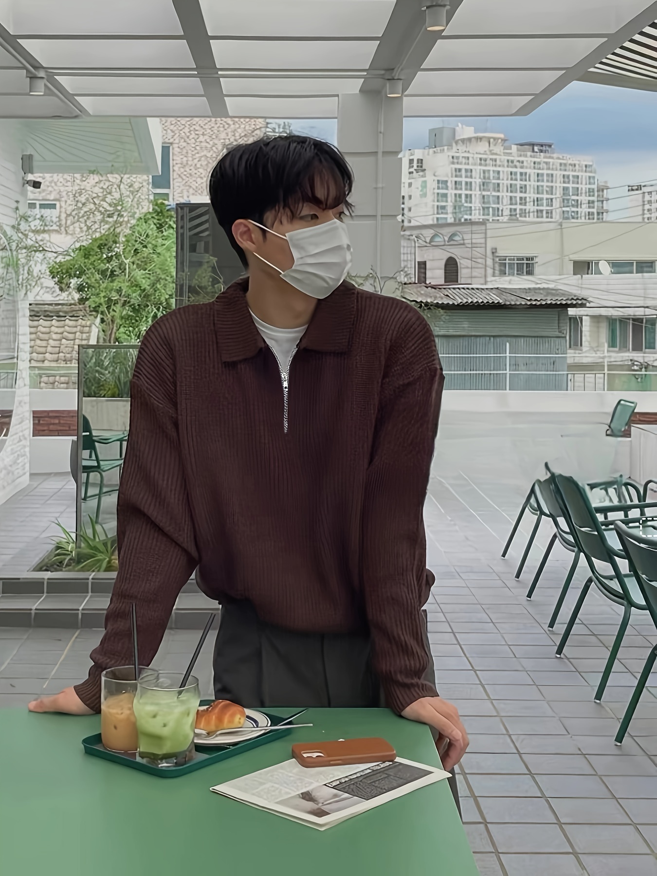 mens stylish solid knitted shirt casual slightly stretch breathable lapel zip up long sleeve shirt top for city walk street hanging details 6