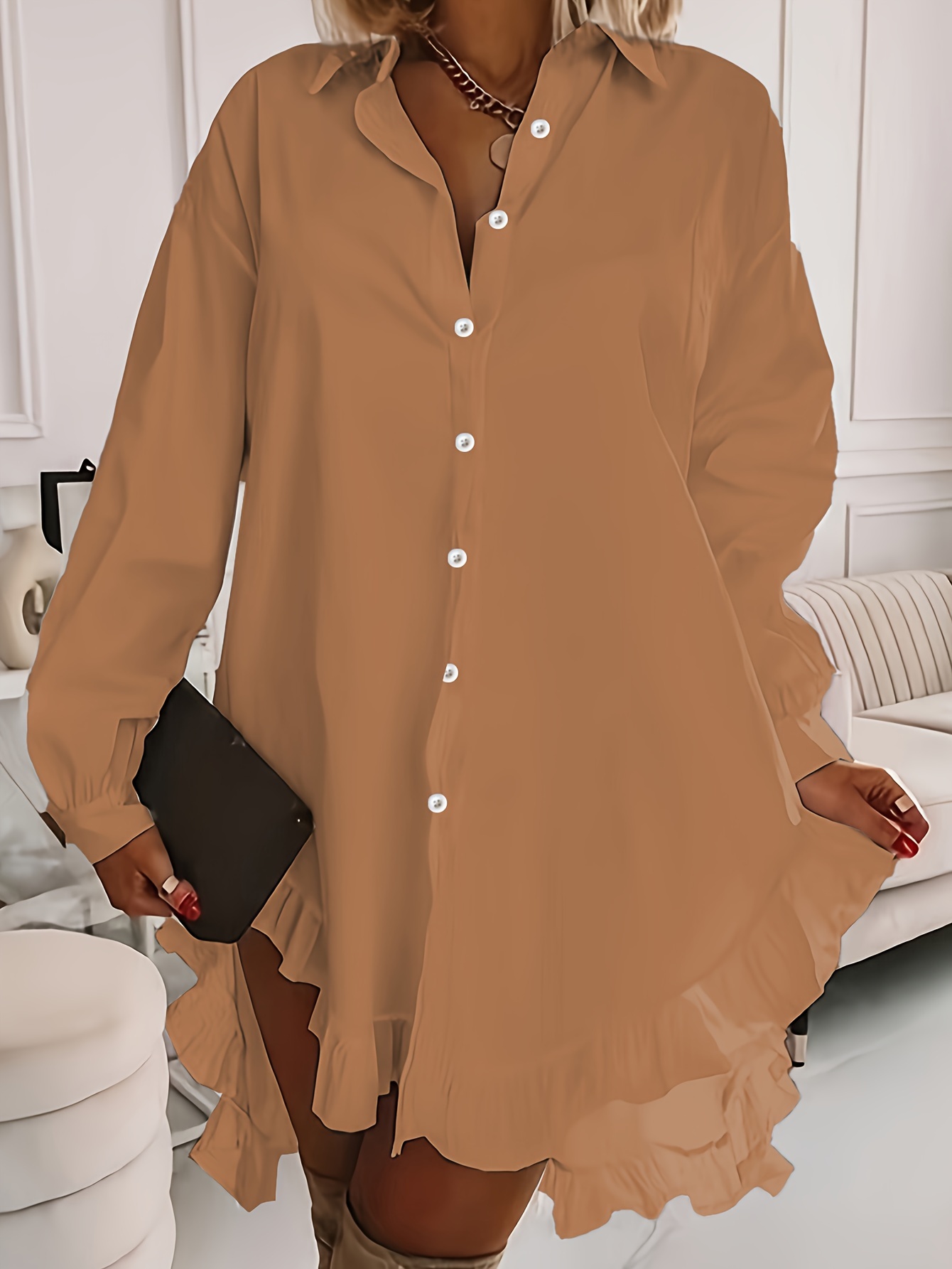 plus size ruffle solid shirt casual long sleeve button front shirt womens plus size clothing details 5