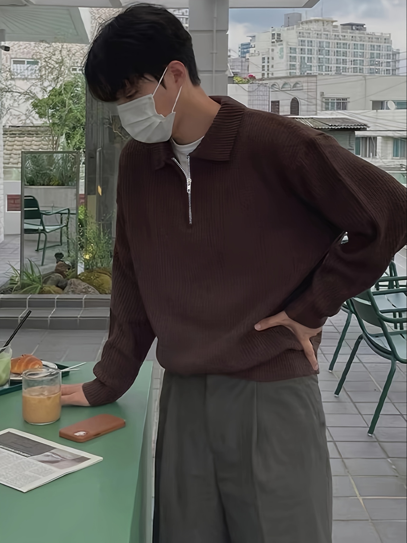 mens stylish solid knitted shirt casual slightly stretch breathable lapel zip up long sleeve shirt top for city walk street hanging details 7