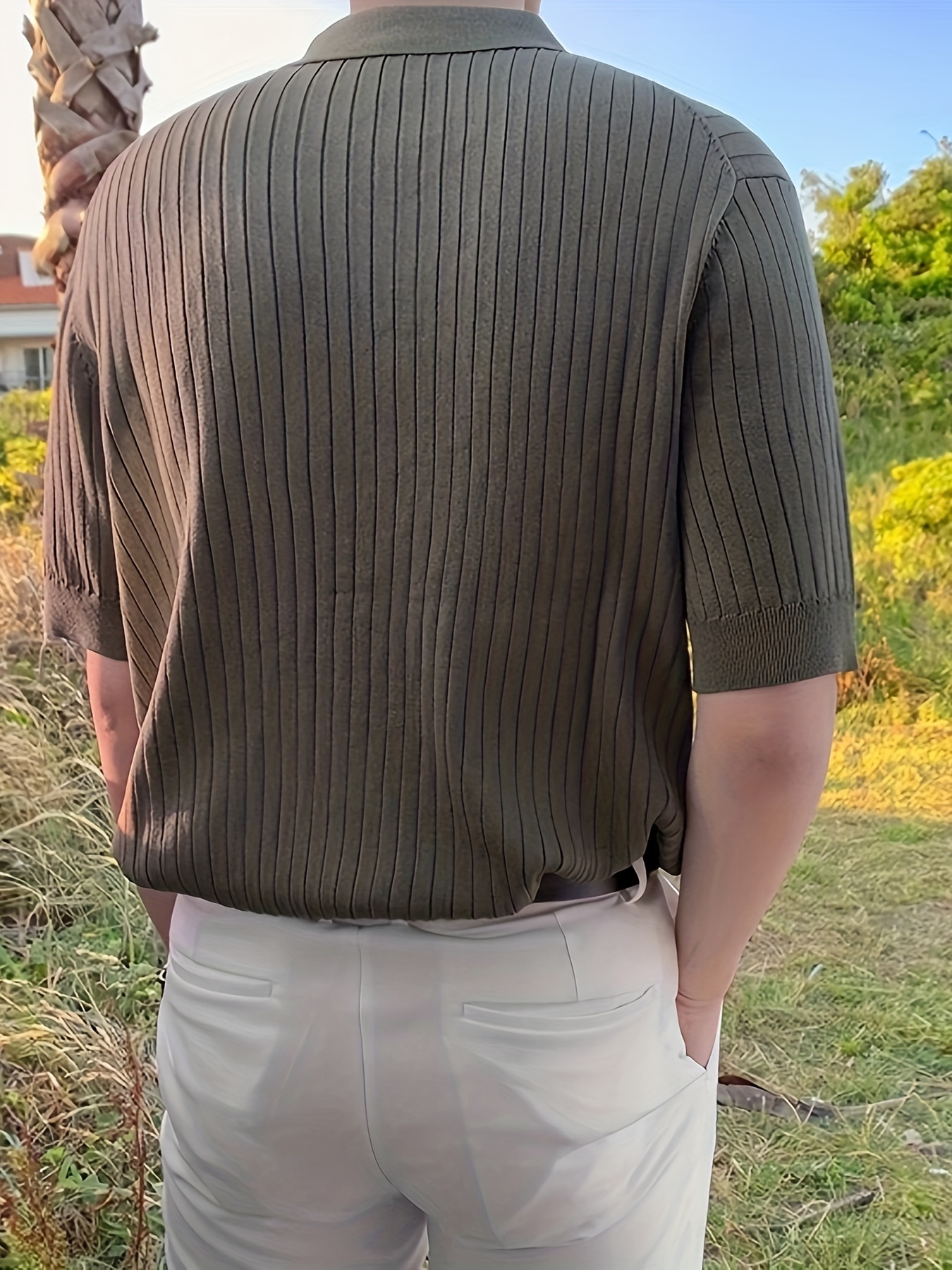 mens stripe pattern sweater casual breathable medium stretch short sleeve knitted top for summer details 1