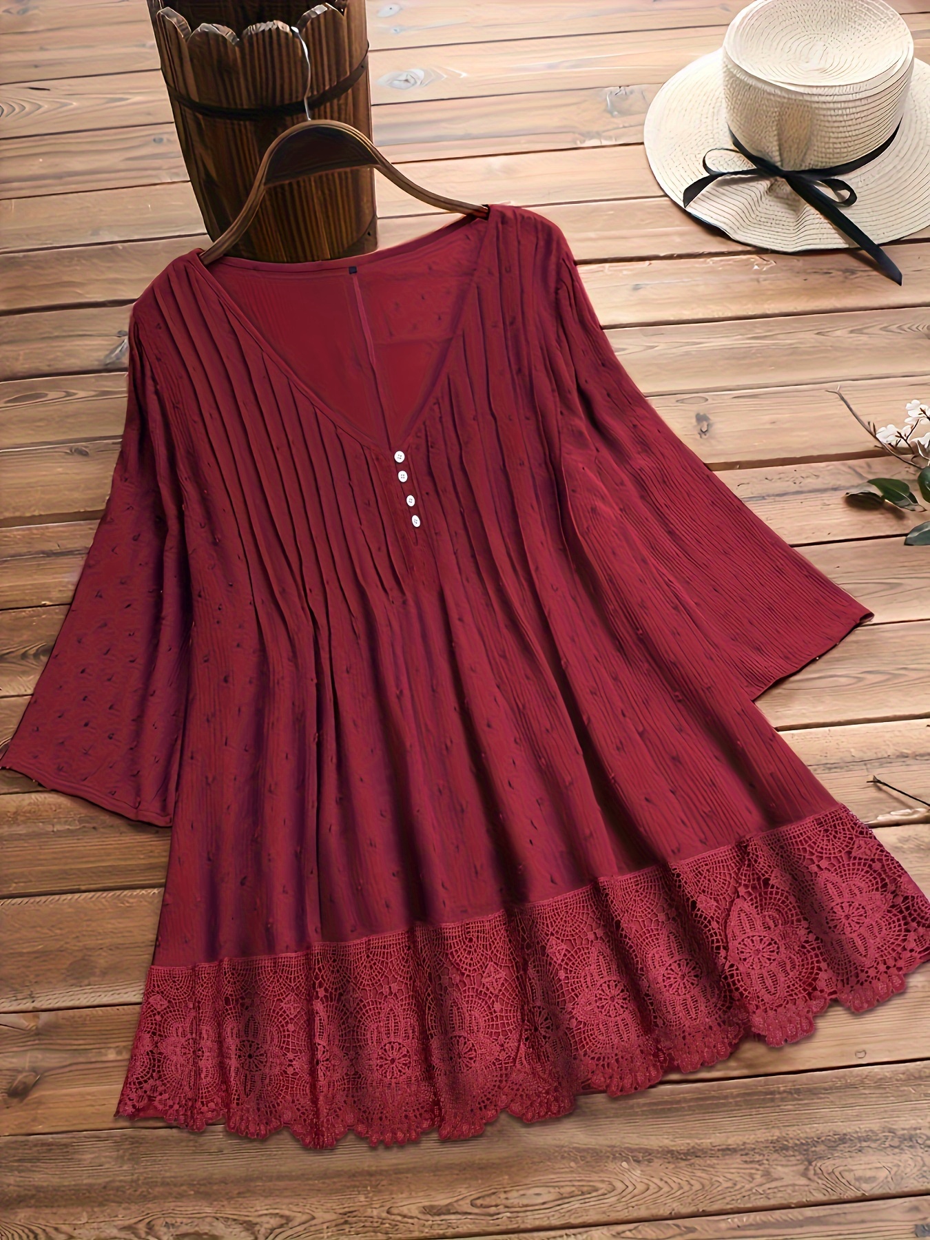 plus size hollow out button decor v neck 3 4 sleeve blouse womens plus ruffle hem casual blouse details 6