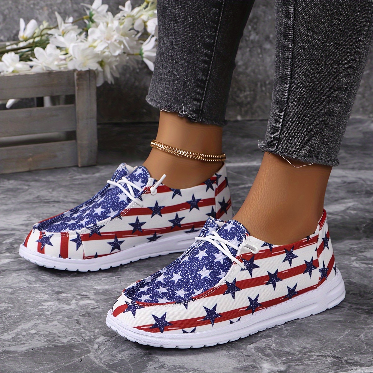 Women s Flag Print Canvas Sneakers, Platform Slip On Soft Sole Walking Shoes, Low-top Comfort Daily Wear details 5