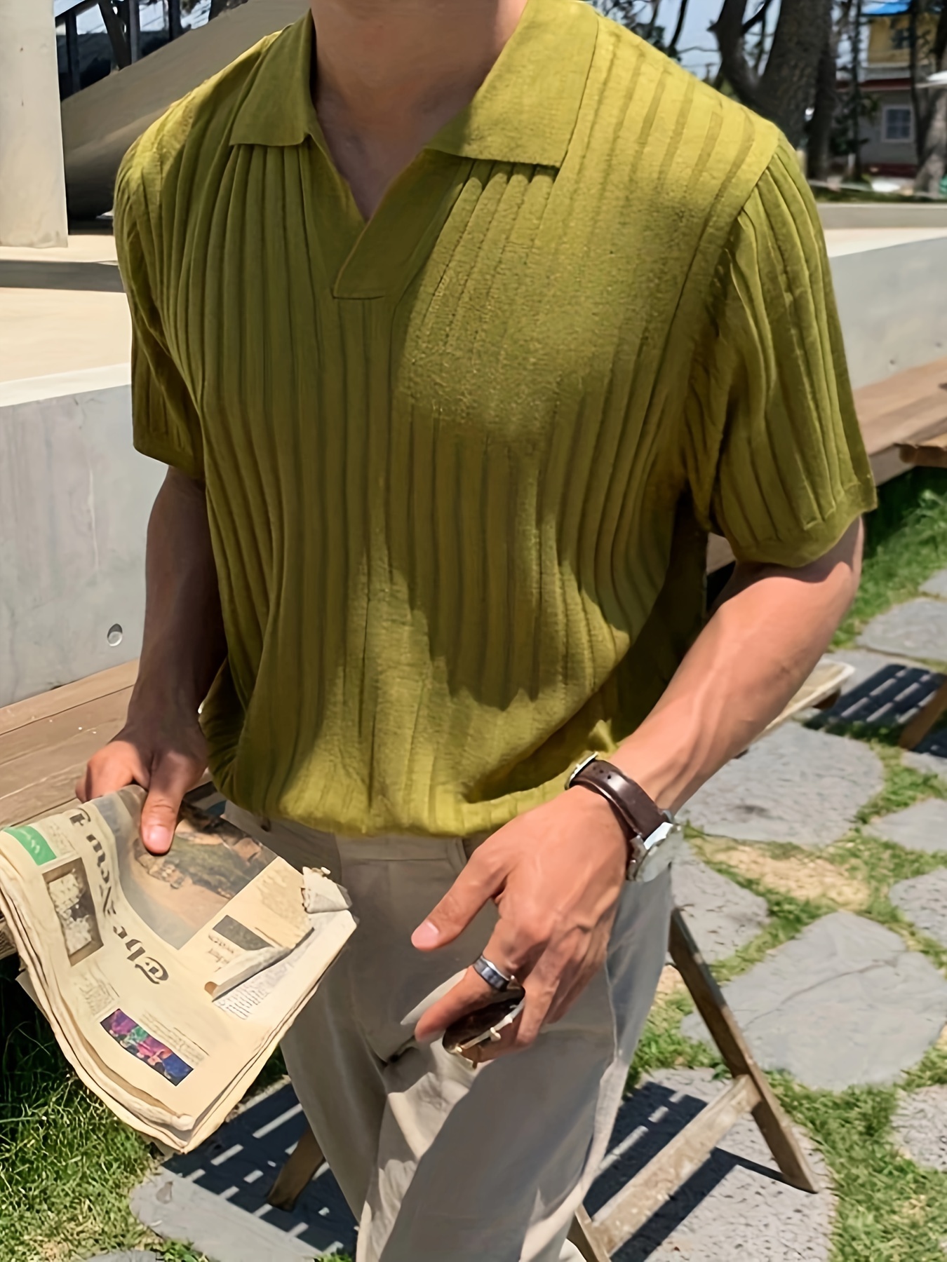 mens stripe pattern sweater casual breathable medium stretch short sleeve knitted top for summer details 18