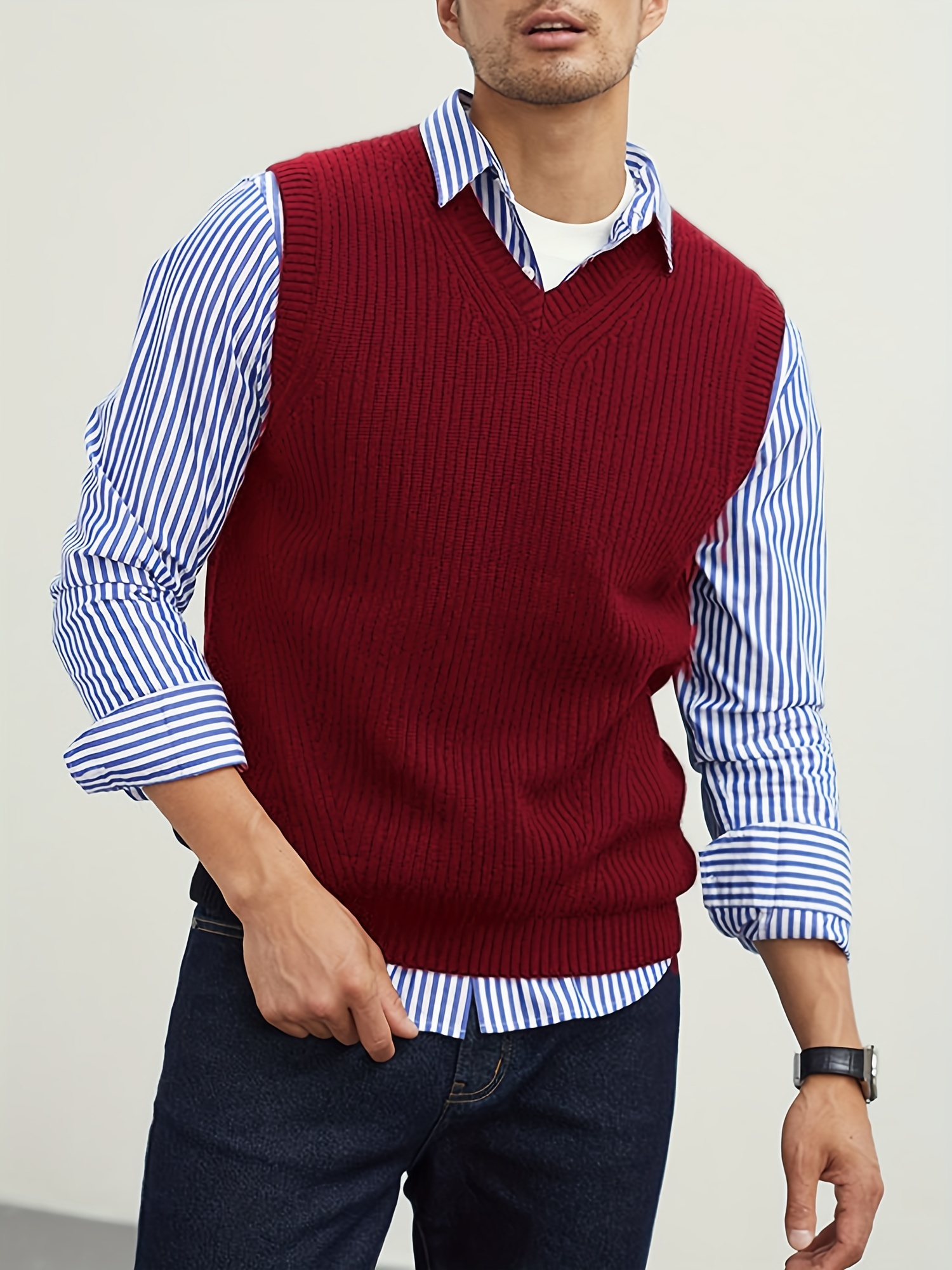 mens v neck sweater vest pullover solid color sleeveless sweaters vest preppy style details 13