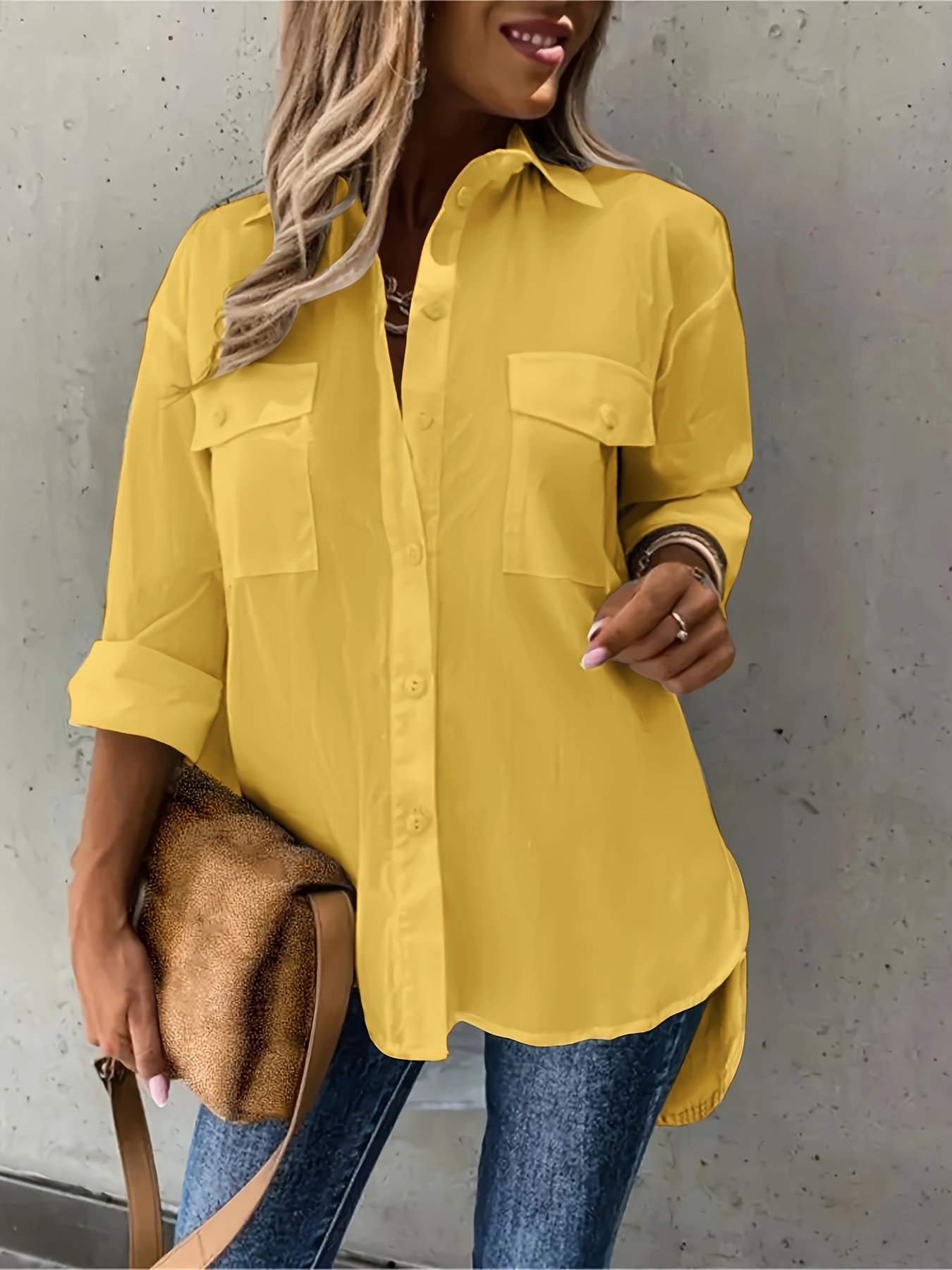 plus size casual blouse womens plus solid long sleeve lapel collar button up shirt top with flap pockets details 5