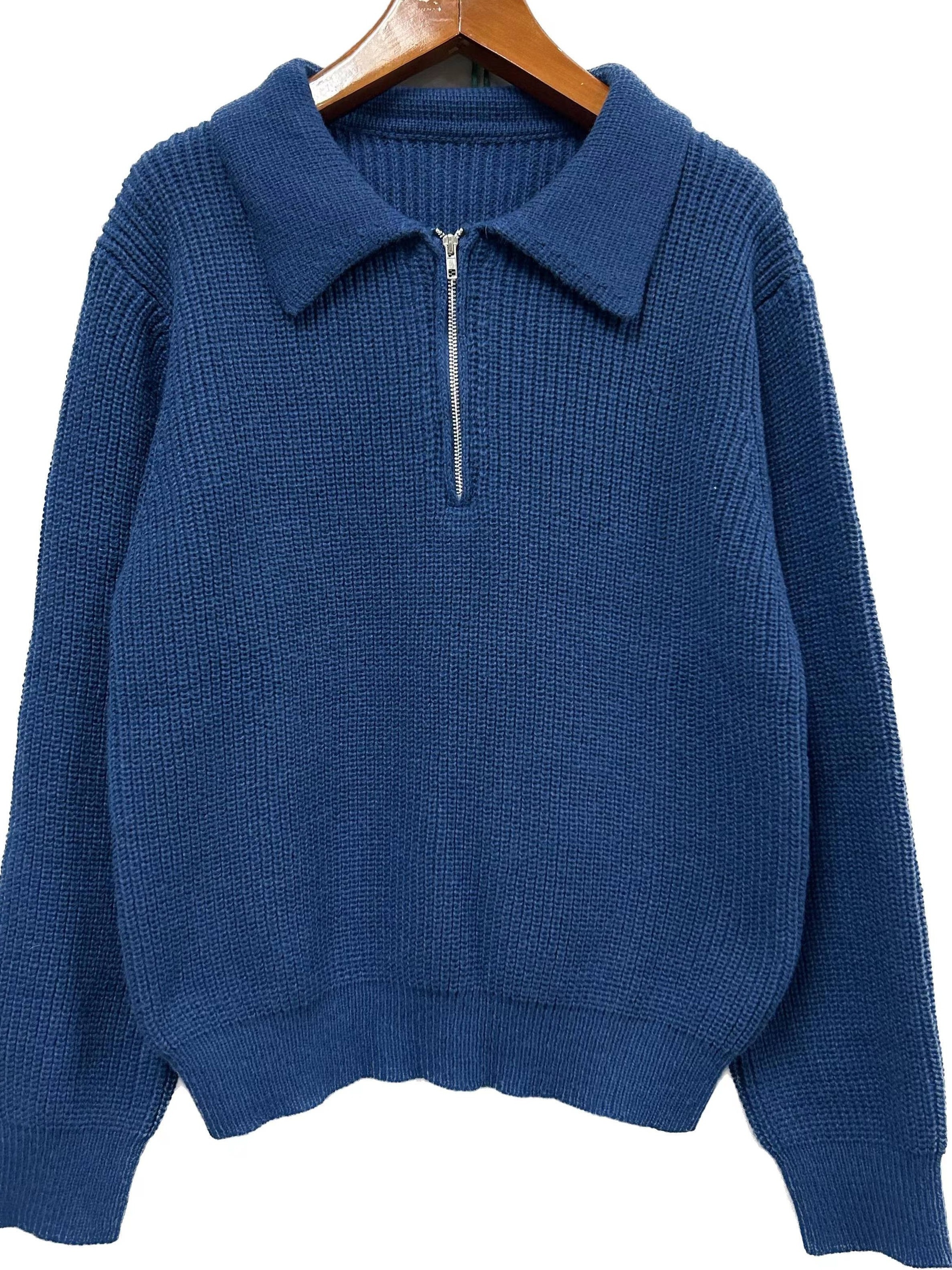 mens stylish solid knitted shirt casual slightly stretch breathable lapel zip up long sleeve shirt top for city walk street hanging details 2