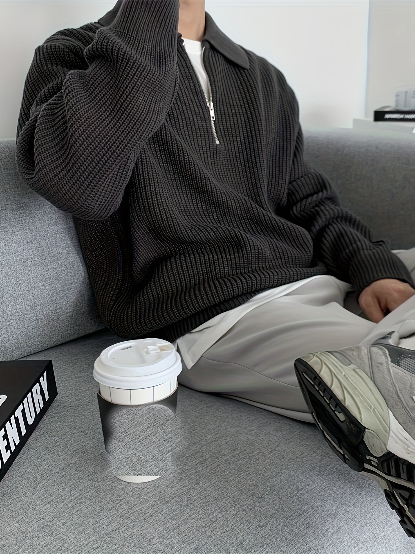 mens stylish solid knitted shirt casual slightly stretch breathable lapel zip up long sleeve shirt top for city walk street hanging details 17