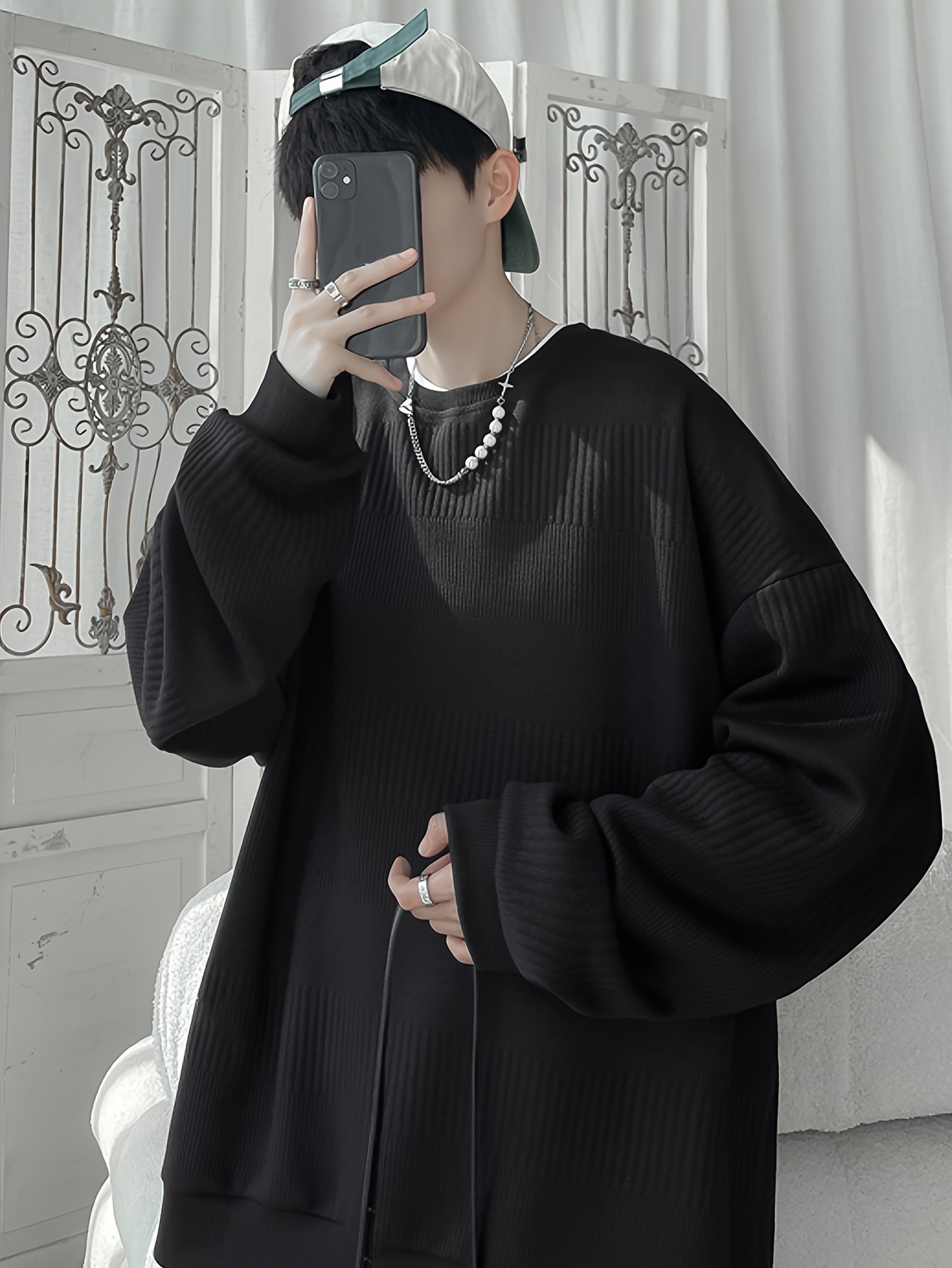 mens solid knitted pullover casual breathable long sleeve crew neck top for outdoor activities details 8