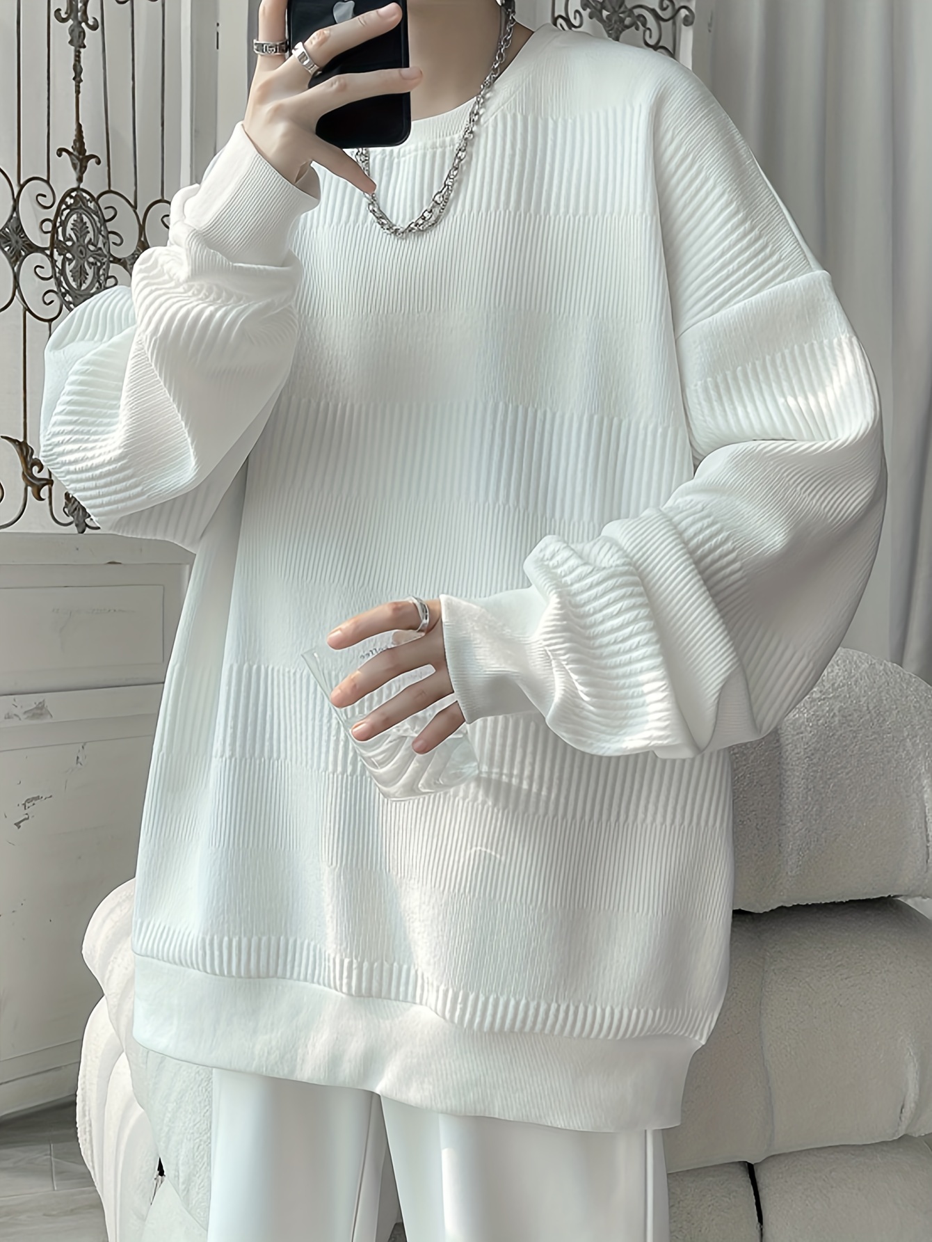 mens solid knitted pullover casual breathable long sleeve crew neck top for outdoor activities details 0