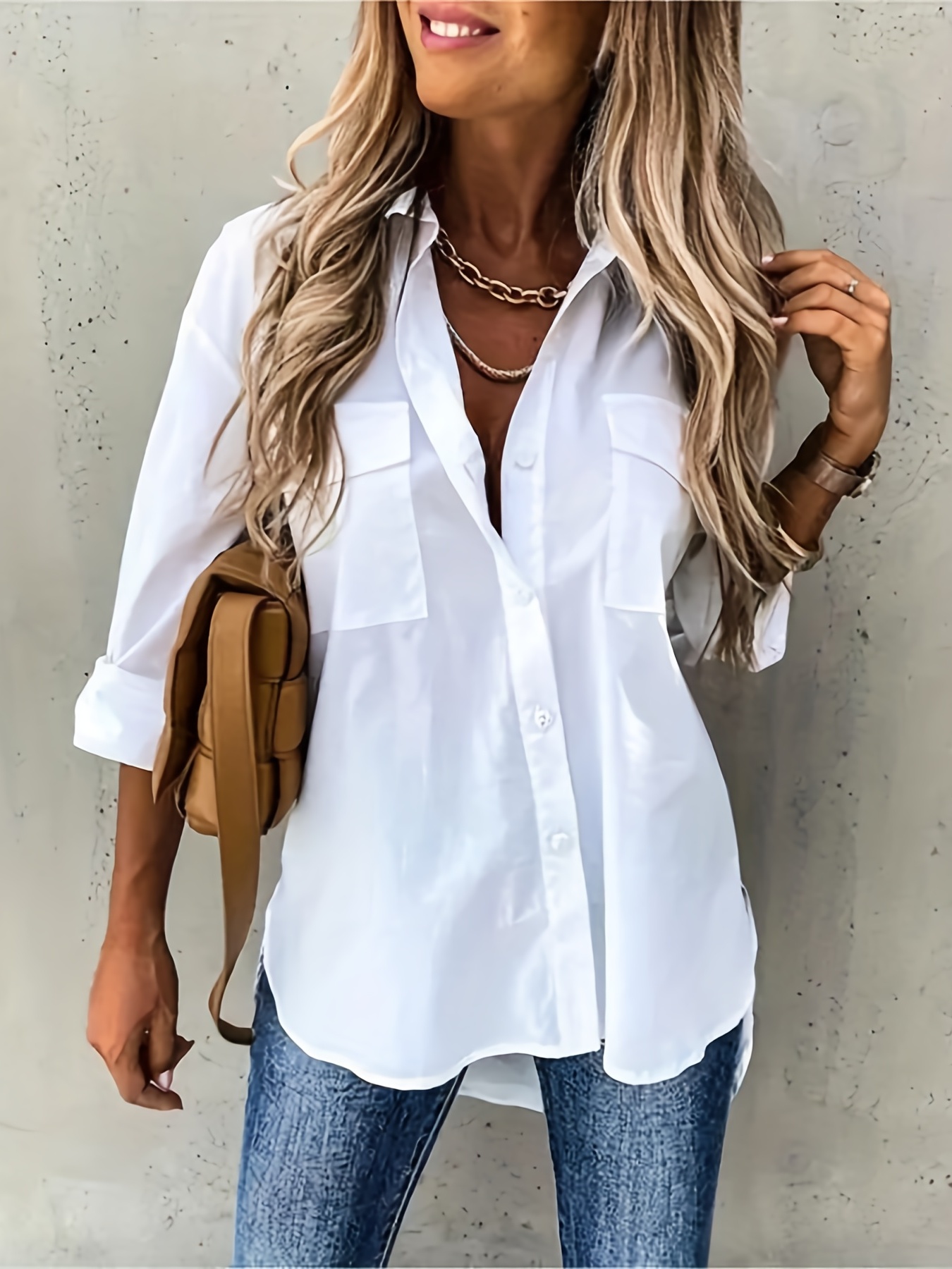 plus size casual blouse womens plus solid long sleeve lapel collar button up shirt top with flap pockets details 20