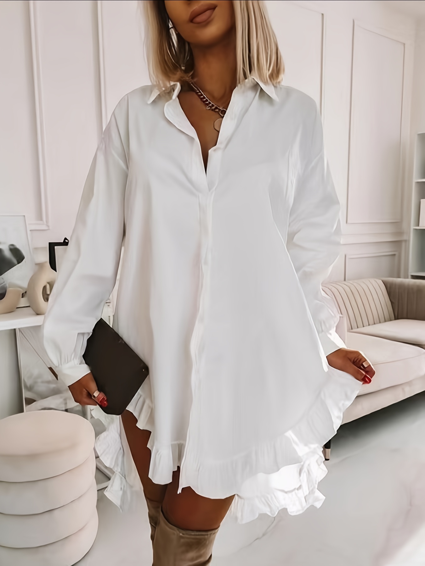 plus size ruffle solid shirt casual long sleeve button front shirt womens plus size clothing details 14