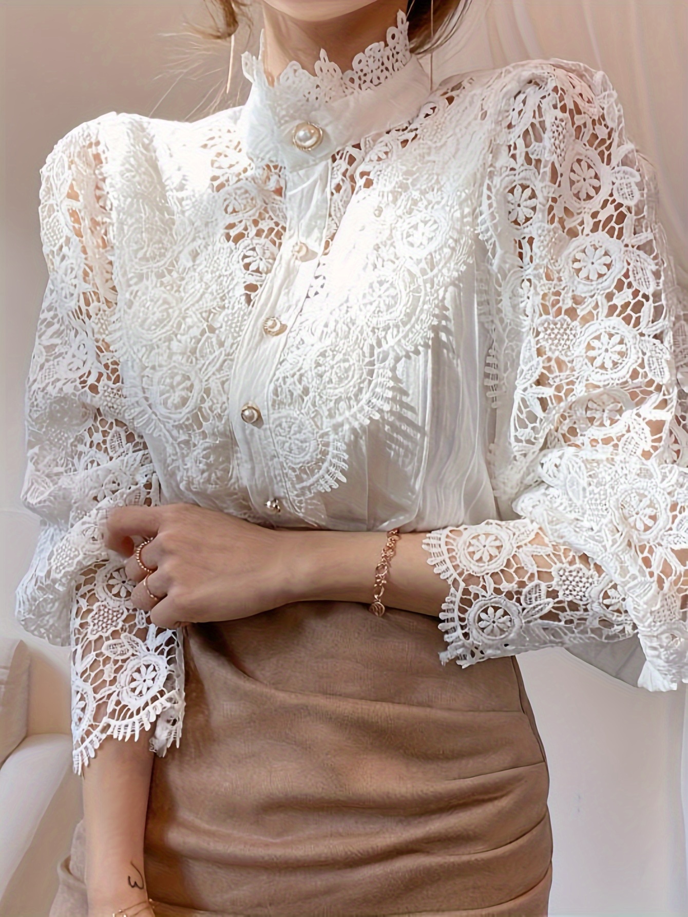 Plus Size Floral Pattern Hollow Out Blouse, Elegant Mock Neck Button Front Long Sleeve Blouse For Spring & Fall, Women s Plus Size Clothing details 3