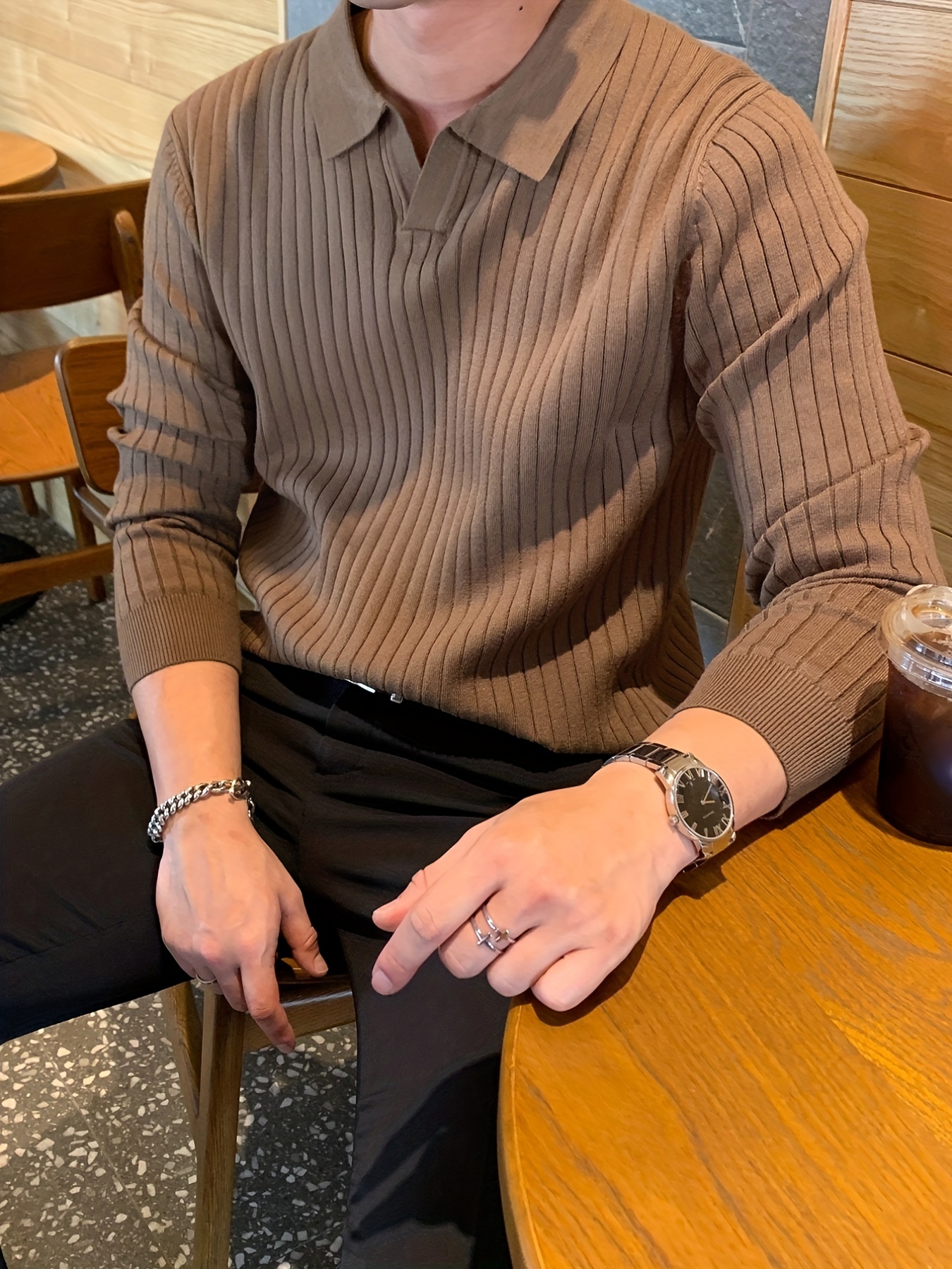 chic knit shirt mens casual stylish lapel middle stretch v neck pullover sweater for winter autumn details 5