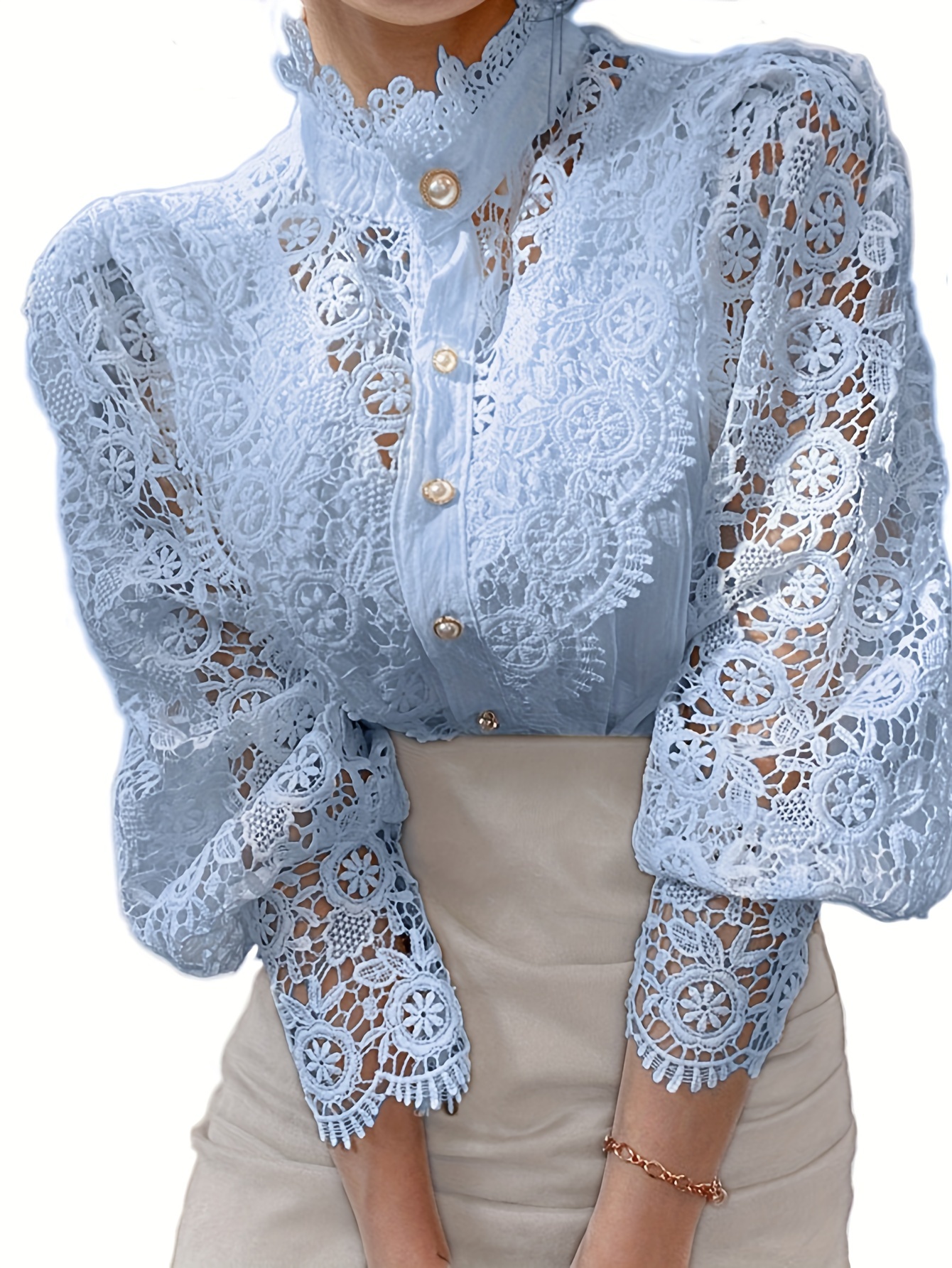Plus Size Floral Pattern Hollow Out Blouse, Elegant Mock Neck Button Front Long Sleeve Blouse For Spring & Fall, Women s Plus Size Clothing details 8