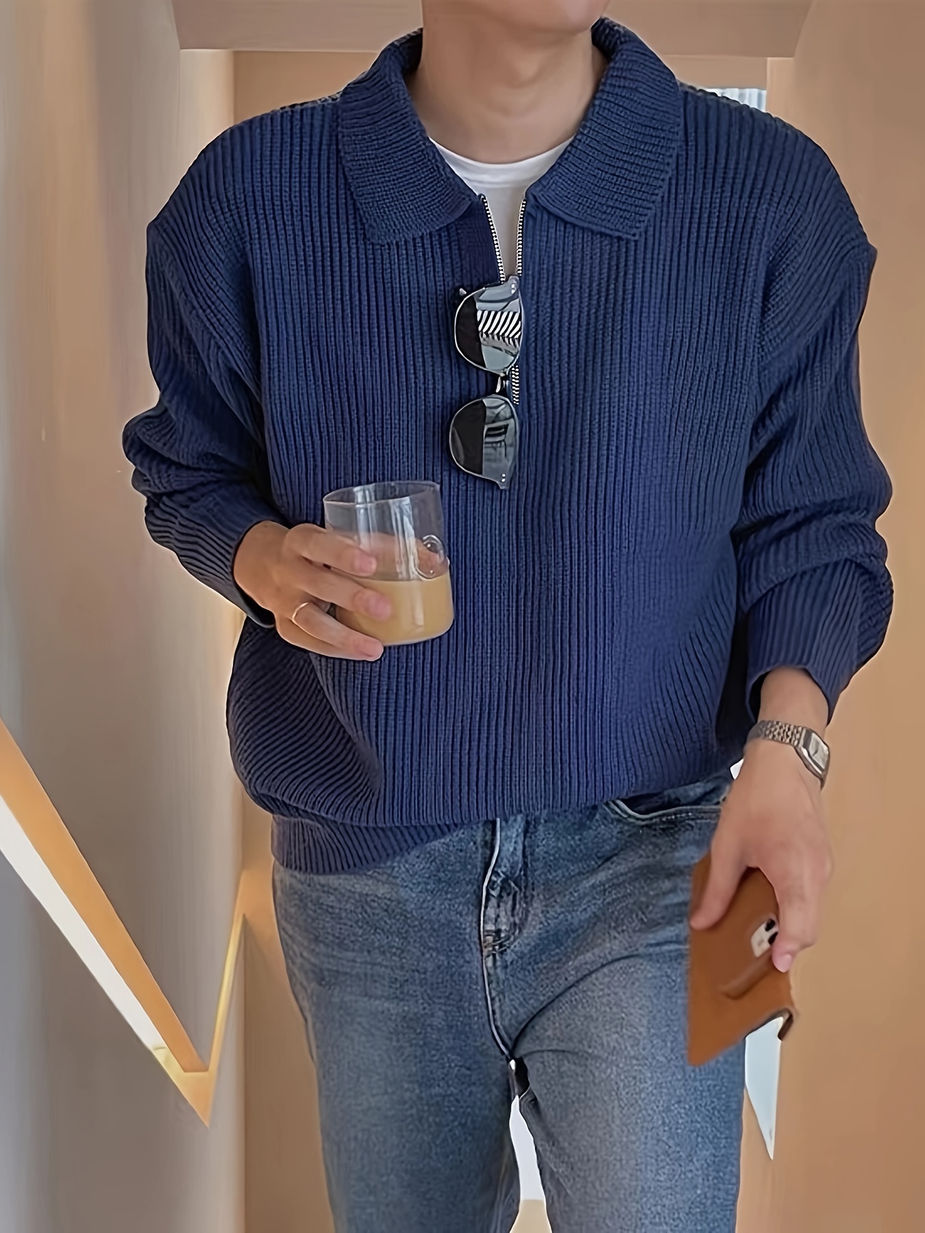 mens stylish solid knitted shirt casual slightly stretch breathable lapel zip up long sleeve shirt top for city walk street hanging details 0