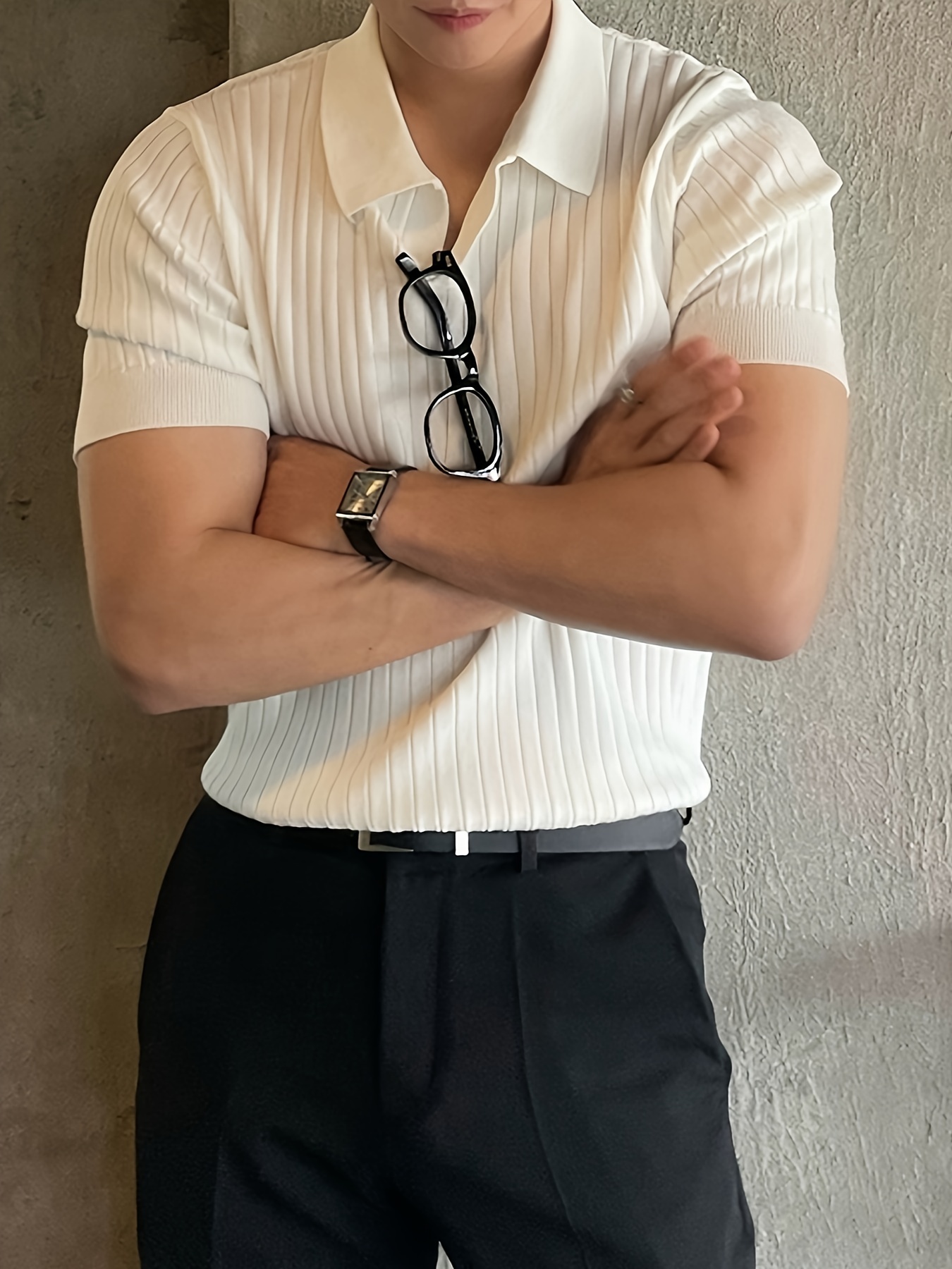 mens stripe pattern sweater casual breathable medium stretch short sleeve knitted top for summer details 39