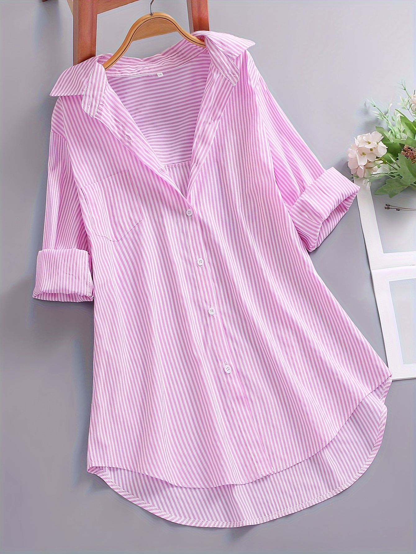 plus size casual blouse womens plus nautical stripe print button up long sleeve turn down collar blouse details 3