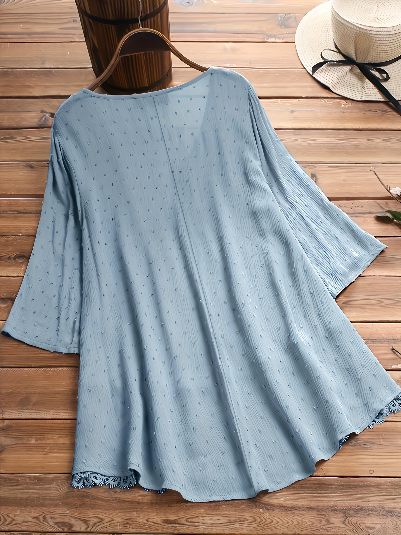 plus size hollow out button decor v neck 3 4 sleeve blouse womens plus ruffle hem casual blouse details 1