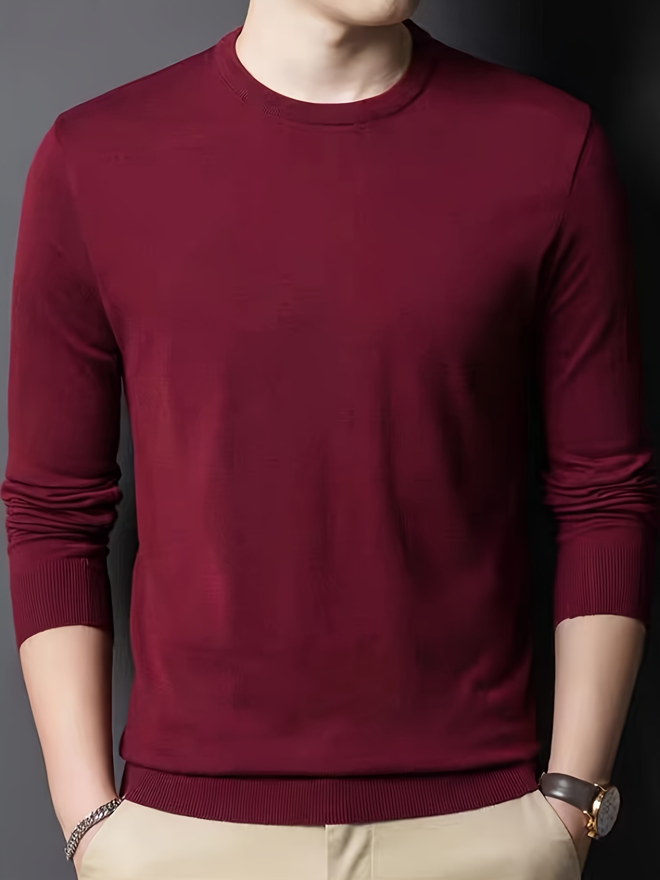 all match knitted solid sweater mens casual warm slightly stretch crew neck pullover sweater for men fall winter details 15