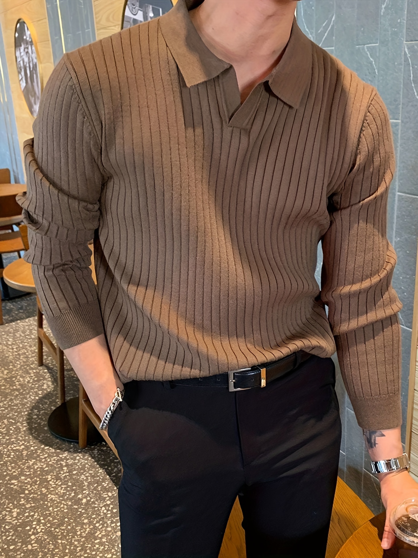 chic knit shirt mens casual stylish lapel middle stretch v neck pullover sweater for winter autumn details 3