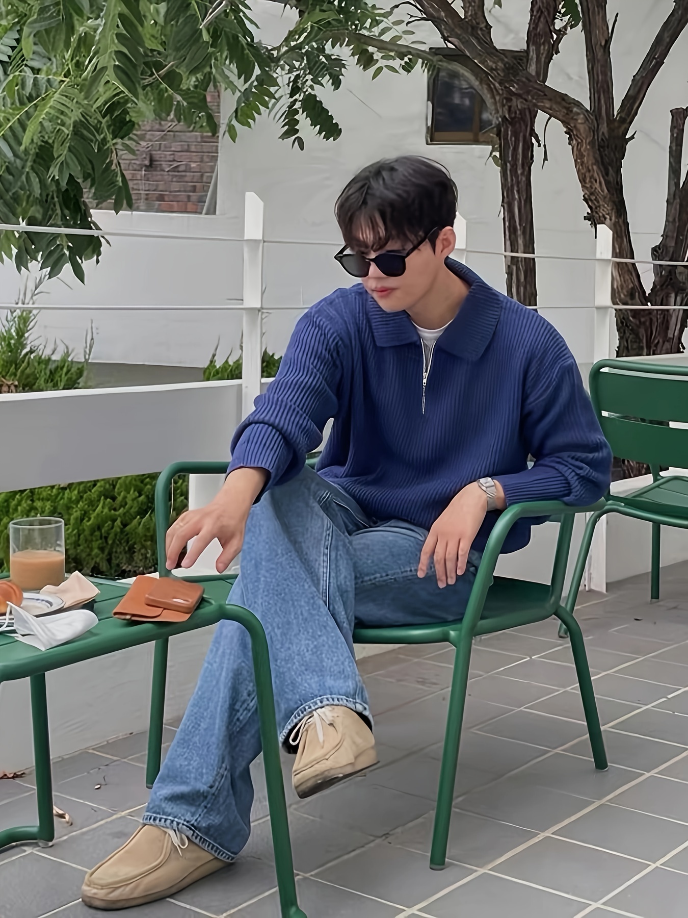 mens stylish solid knitted shirt casual slightly stretch breathable lapel zip up long sleeve shirt top for city walk street hanging details 1