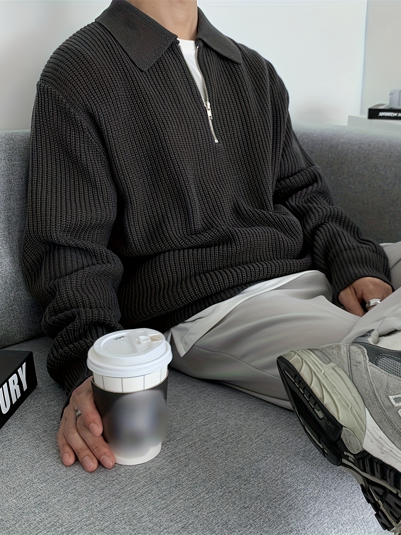 mens stylish solid knitted shirt casual slightly stretch breathable lapel zip up long sleeve shirt top for city walk street hanging details 21