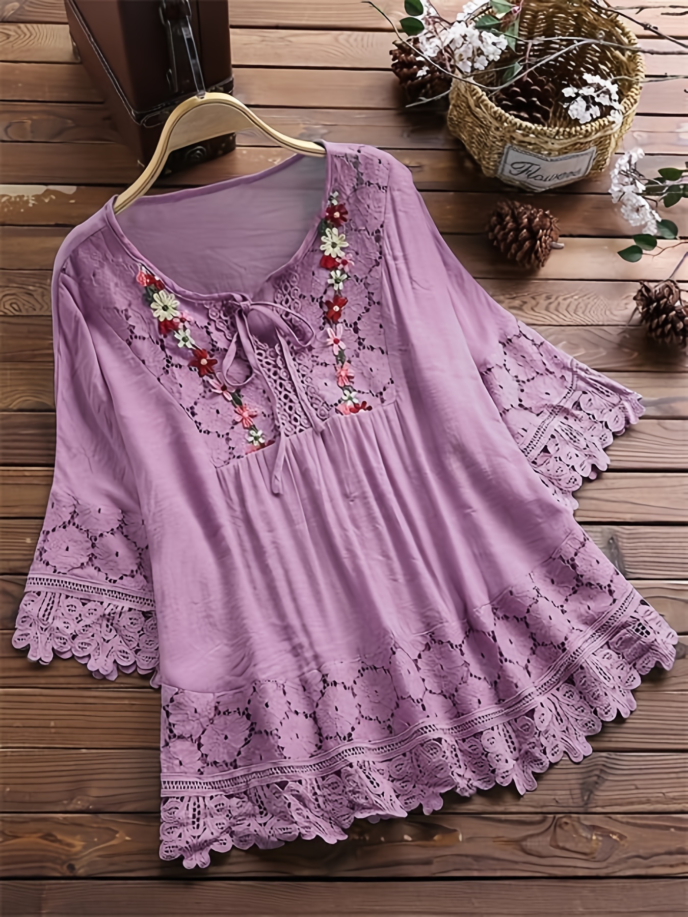 plus size elegant blouse womens plus floral appliques contrast guipure lace short sleeve tie neck top details 0